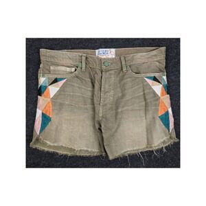 Sandrine Rose Khaki Geometric Patchwork Denim Cutoff Shorts Raw Hem Size 10